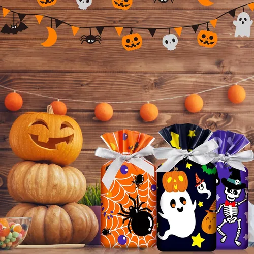 Miniatura 6 de Aliceset 50 bolsas pequeñas de regalo con cordón de Halloween – Bolsas de plástico de regalo de esqueleto de araña, fantasma, para Halloween