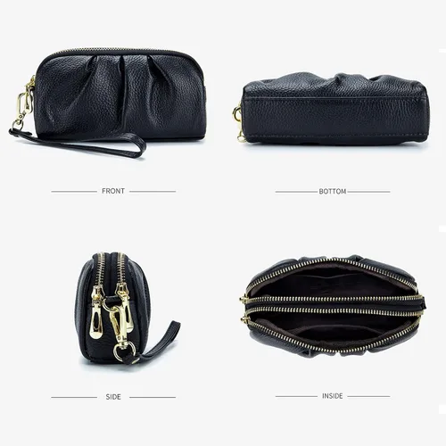 Miniatura 5 de Billeteras de pulsera para mujer, de piel auténtica, monederos fruncidos para mujer, cartera de mano