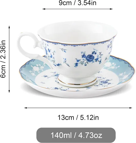 Miniatura 6 de fanquare - Juego de 6 tazas de té de rosa azul de 5 onzas, tazas de café de porcelana con borde dorado para fiesta en casa, tazas y platillos