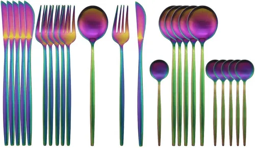 Miniatura 8 de JASHII Juego de cubiertos de 24 piezas con piezas de servir, utensilios de acero inoxidable, incluye cuchillo, tenedor/cuchara, acabado mate, apto
