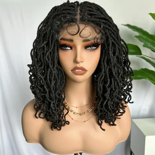 Miniatura 8 de SOKU Peluca de Encaje Frontal con Locs Falsos Cortos y Rizados de 12 Pulgadas Negro Natural 4x4 Espacio de Separación Grande Pelucas de Rastas