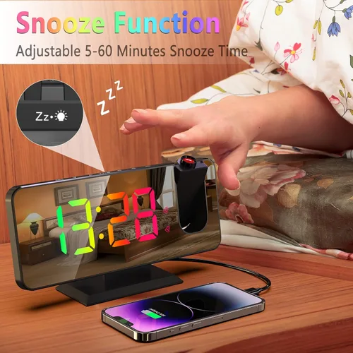 Miniatura 5 de Reloj despertador de proyección para techo de dormitorio, proyector giratorio de 180°, espejo RGB de 7.4 pulgadas, pantalla digital LED, alarma dual