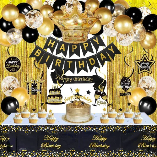 Decoraciones de cumpleaños en negro y dorado para hombres y mujeres, decoraciones de fiesta en negro y dorado incluyen corona, remolinos colgantes,