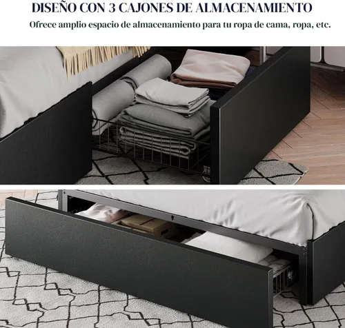 Miniatura 5 de Marco de cama Allewie tamaño matrimonial con plataforma y 3 cajones de almacenamiento, tapizado en piel sintética, soporte de listones de madera,