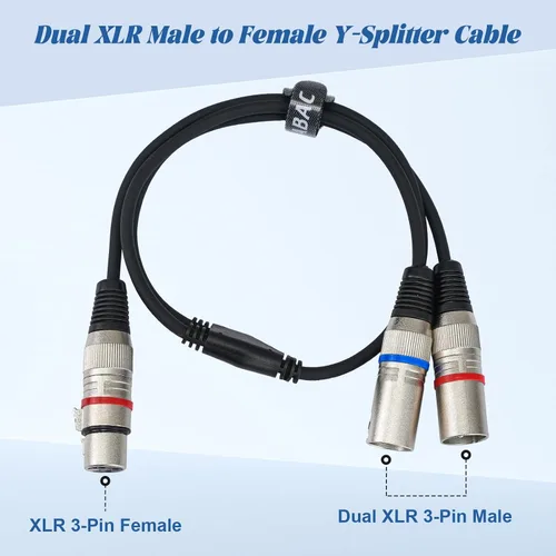 Miniatura 5 de Cable XLR Y-Splitter Cable, Cable de micrófono XLR doble hembra a macho, cable de conexión adaptador de 2 hembra a macho, 2 pies
