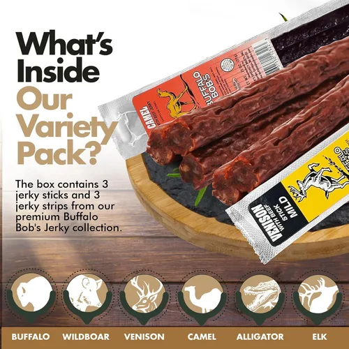 Miniatura 4 de Aperitivos de carne de caza salvaje de Buffalo Bob (paquete de 6) Muestra de carne seca exótica Juego de regalo de carne seca de res, cestas