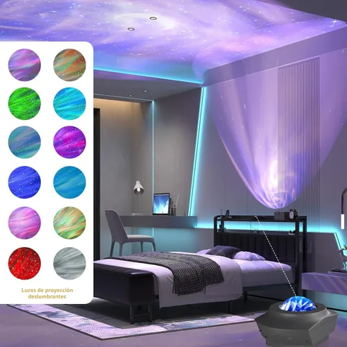 Miniatura 3 de Base de cama de tamaño matrimonial con proyector de estrellas y estación de carga, plataforma tapizada de piel sintética con cabecera de Negro