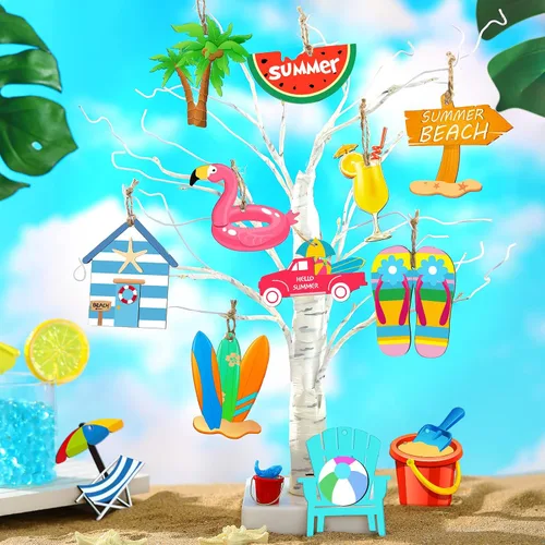 Miniatura 6 de 24 adornos de árbol de verano de Navidad en julio, decoración colgante de madera para playa, rebanadas de madera, decoraciones de árbol tropical