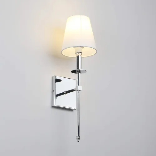 Miniatura 5 de PERMO Aplique de pared industrial rústico clásico individual con pantalla textil blanca acampanada y soporte de columna cónico cromado