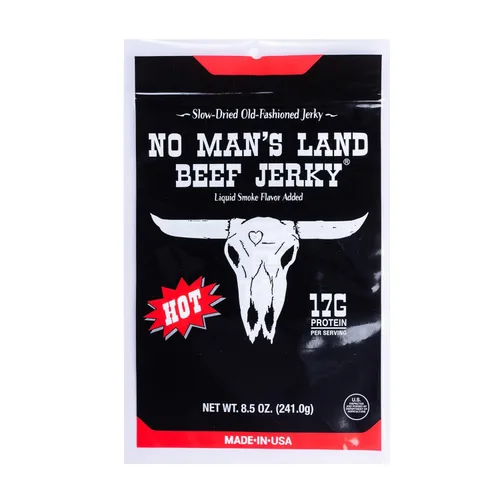 No Man's Land - Carne seca caliente de ternera, filete cortado a mano, secado lento, 0.76 onzas de proteína por porción, 0.00 oz de azúcar, sin MSG,
