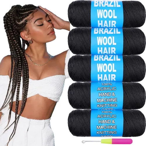 Miniatura 28 de COOKOO 2 rollos de hilo de lana brasileña color negro natural para cabello trenzado de ganchillo, trenzas, torsión, urdimbres, torsión senegalesa