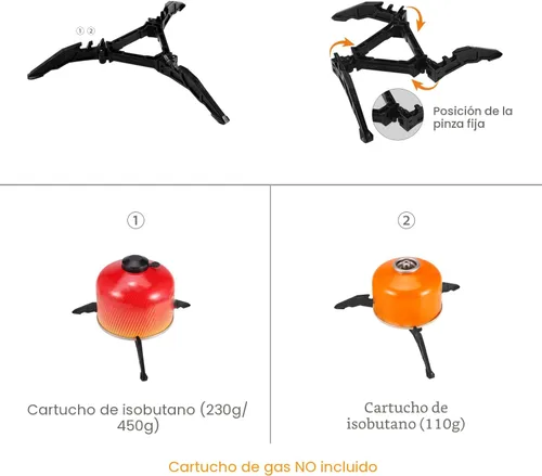 Miniatura 7 de Odoland Utensilios de cocina para camping con estufa, mosquetón, soporte para cartucho trípode y taza de acero inoxidable, soporte para tanque, kit