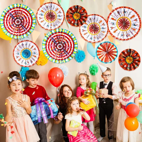 Miniatura 6 de Outus 18 abanicos de papel colgantes de carnaval, decoración de animales de circo, abanicos de papel, decoración de aula, carnaval, tema de circo