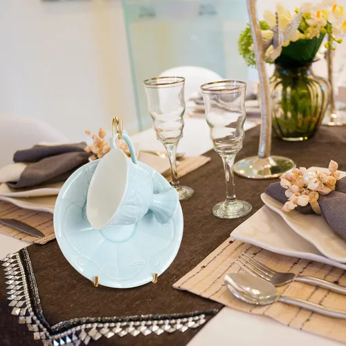 Miniatura 4 de Soporte de exhibición de tazas de té y platillo, 8 piezas, soporte de metal para platillos para tazas de té, café, organizador para platos de cocina