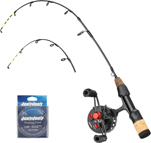 QualyQualy Combo de caña de pescar en hielo y carrete de 24 pulgadas M/ML en línea de pesca en hielo, 2 consejos diferentes para lucioperca, panfish