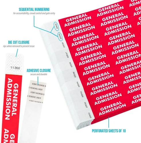 Miniatura 2 de 500 Wristco - Pulseras Tyvek rojas de admisión general para eventos, ¾ x 10 pulgadas, impermeables, reciclables, cómodas, resistentes a desgarros