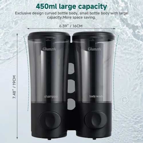 Miniatura 6 de Dispensador de champú para pared de ducha, 2 cámaras, sin taladro, dispensador de champú y acondicionador de 15 oz/450 ml cada recipiente