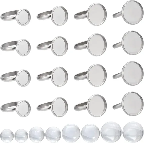 Miniatura 7 de SUNNYCLUE Anillo de dedo, base de anillo ajustable en blanco, media redonda, base de cabujón plano, configuración de bandeja de bisel para kit