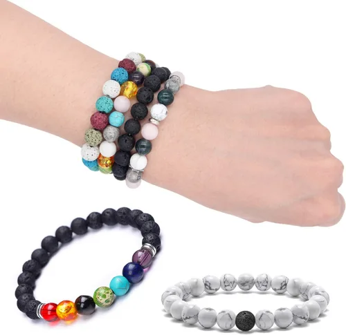 Miniatura 7 de EuTengHao Juego de 810 cuentas de roca de lava de color, cuentas de chakras espaciadoras con cuerda de cristal de piedras preciosas volcánicas