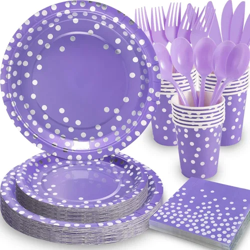 Miniatura 8 de Decoraciones de Fiesta Moradas, 168 Piezas Platos y Servilletas Morados Suministros para Fiestas, Platos de Cumpleaños Lavanda Sirve para 24