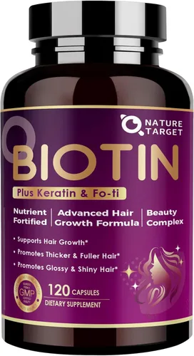 NATURE TARGET Biotin 10000mcg Vitaminas para el crecimiento del cabello – Suplemento para el crecimiento del cabello de máxima fuerza con colágeno,