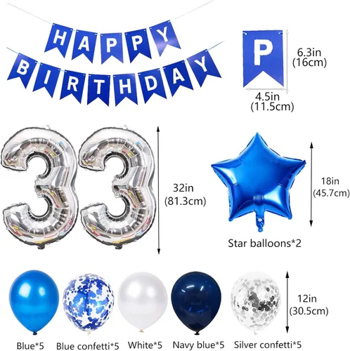 Miniatura 5 de Decoración de fiesta de cumpleaños número 33, color azul y plateado para hombres, pancarta de feliz cumpleaños número 33, globos de papel de 33rd