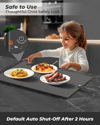 Miniatura 7 de Tapete Calentador de Alimentos con Zonas de Calentamiento Duales, 4 Configuraciones de Temperatura, Silicona Fácil de Limpiar, Apagado Automático