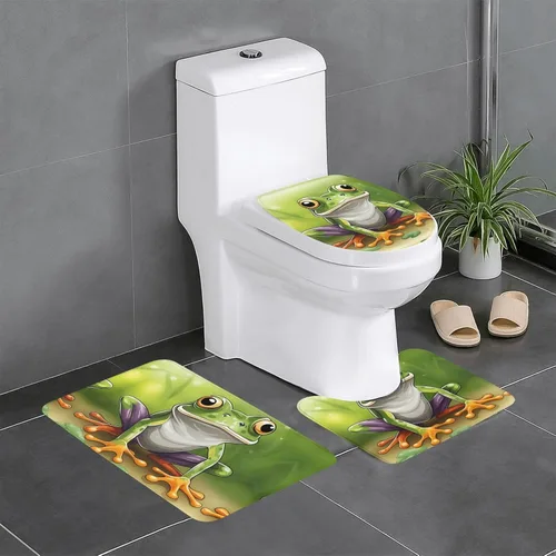 Juego de 3 alfombras de baño antideslizantes, alfombras de baño con tapete en forma de U, tapete de piso para dormitorio, rana de dibujos animados