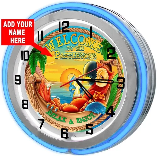 Miniatura 2 de Reloj de garaje personalizado Tiki Parrot Beach Bar de 18 pulgadas, color azul, doble neón, de Redeye Laserworks