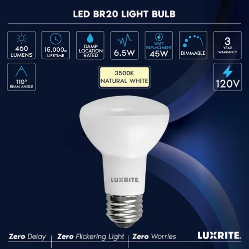 Miniatura 7 de LUXRITE foco LED BR20, equivalente a 45 W, 3500 K luz blanca natural, regulable, 460 lúmenes, foco LED inundante R20 de 6.5 W, Energy Star, a prueba