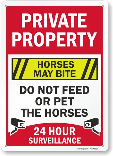 SmartSign Letrero metálico de 14 x 10 pulgadas con texto en inglés "Private Property - Horses May Bite, Do Not Feed Or Pet The Horses, 24 Hour