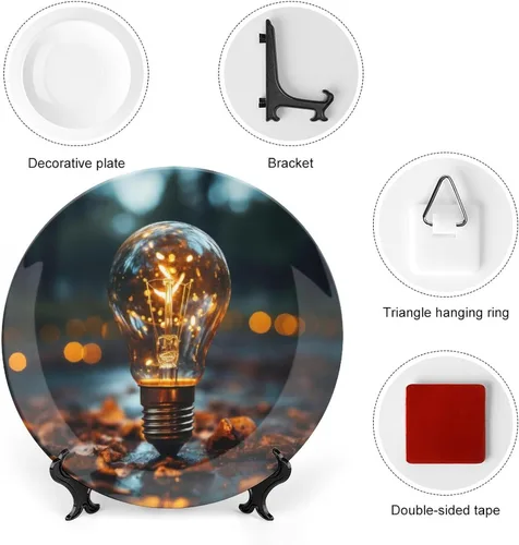 Miniatura 3 de Placa decorativa para montaje en pared, bombilla abstracta, placa redonda de cerámica con soporte, placas para el hogar, platos de postre