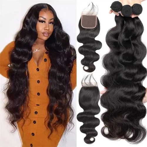 Miniatura 10 de Paquetes de Ondas Corporales con Cierre para Mujeres Negras (10 12 14+10) 100% Cabello Humano Brasileño de Ondas Corporales Sin Procesar 3 Paquetes