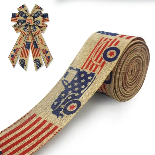 ALIBBON Cintas patrióticas de arpillera del 4 de julio, cintas con borde con alambre, cintas de bandera estadounidense, cintas de camiones vintage