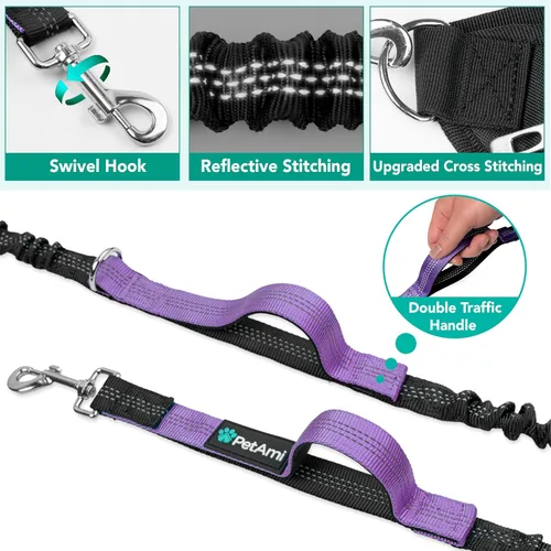 Miniatura 4 de PetAmi Correa de perro con manos libres de alta calidad para 2 perros, correa de cinturón ajustable para pasear perros, riñonera con bolsa de Púrpura