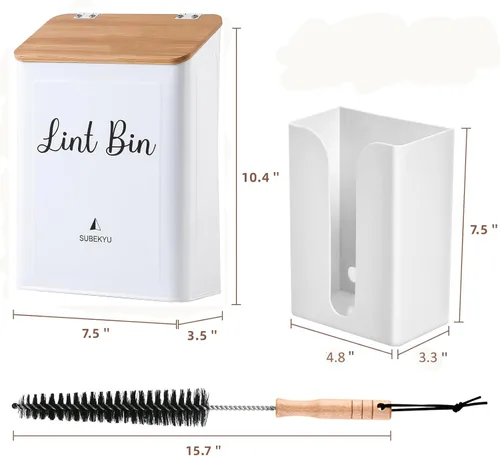 Miniatura 6 de SUBEKYU Contenedor magnético de pelusa con tapa de bambú y soporte para hojas de secadora para lavandería, cubo de basura de metal con tapa y caja
