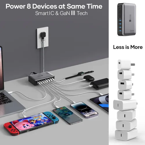 Miniatura 6 de Bloque de carga rápida USB C de 200 W, estación de carga de 8 puertos para iPhone/iPad/MacBook, caja de cargador 4C4A GaN, cargadores múltiples