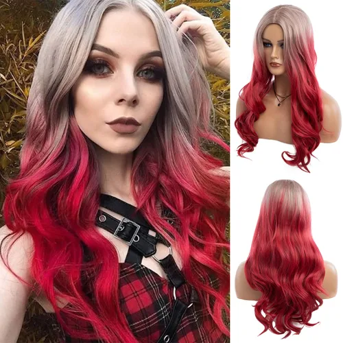 Miniatura 11 de Peluca larga y rizada ondulada gris plateado a morado con parte lateral de aspecto natural sintético Cosplay peluca para mujeres Astilla a Púrpura