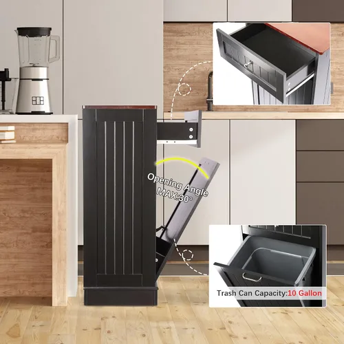 Miniatura 4 de TOLEAD - Gabinete de basura extraíble, isla de cocina estilo antiguo con tablero de perlas, superficie de madera maciza y cajón, bote de basura a