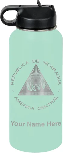 Miniatura 67 de LaserGram Botella de agua personalizada, bandera de Nicaragua, acero inoxidable de doble pared aislada al vacío con popote superior, regalo grabado