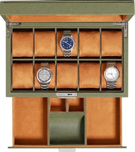 Miniatura 42 de ROTHWELL Caja de reloj de cuero de 10 ranuras con cajón de valet, organizador de exhibición de lujo con forro de microgamuza ultrasuave, soporte