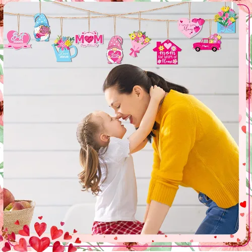 Miniatura 7 de Patelai 36 Piezas Adornos del Día de la Madre para Árbol Gnomo Rosa Floral Flores Mejor Mamá Amo a Mamá Letrero de Madera Decoraciones de Árbol