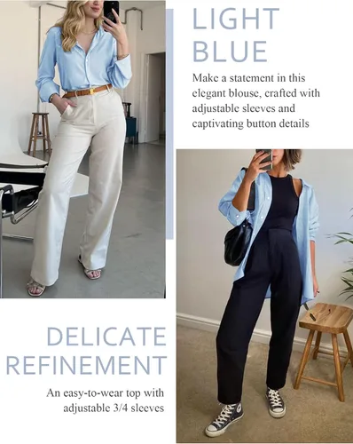 Miniatura 27 de Odosalii - Camisas con botones para mujer, con cuello en V, manga larga, enrolladas, blusas elegantes y formales para negocios y ocasiones casuales