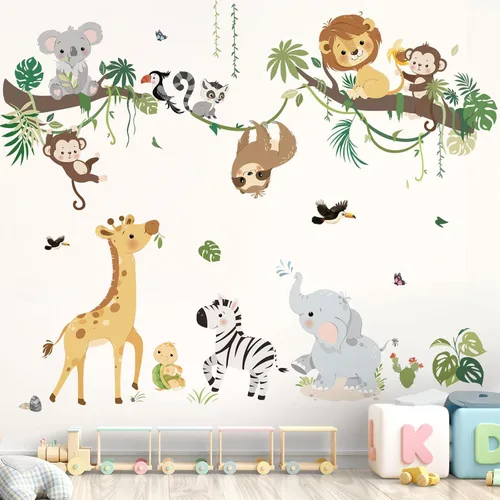 Miniatura 3 de decalmile Calcomanías de Pared de Rama de Árbol de Animales de la Selva Safari Mono Jirafa León Pegatinas de Pared Guardería Habitación de Niños