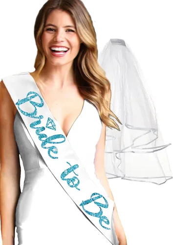 Miniatura 31 de Something Blue Gift for Bride To Be Sash - Banda de satén de grado nupcial - Decoraciones de despedida de soltera azul turquesa, Juego de 2 piezas