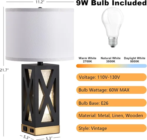 Miniatura 5 de Lámpara de mesa de madera con 3 temperaturas de color, lámpara de mesa de noche con salida de CA, puerto de carga USB A y C, lámpara de noche