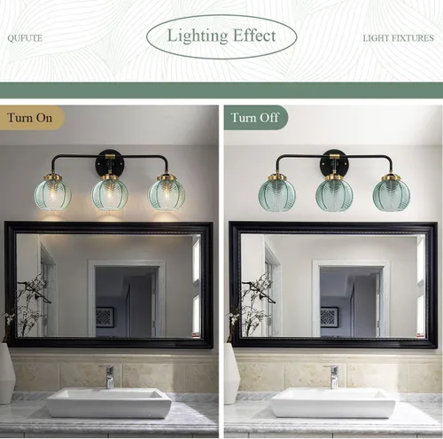 Miniatura 6 de Lámpara de tocador de baño de 3 luces, luz negra de montaje en pared con pantalla de vidrio verde, aplique de pared de mediados de siglo, lámpara
