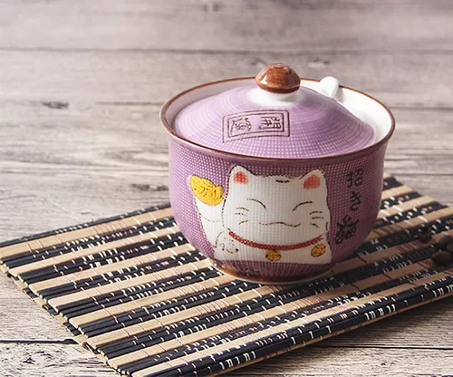 Miniatura 3 de Cerámica japonesa Maneki Neko Lucky Cat Azúcar Sal Pimienta Tarro de almacenamiento con tapa y cuchara Púrpura