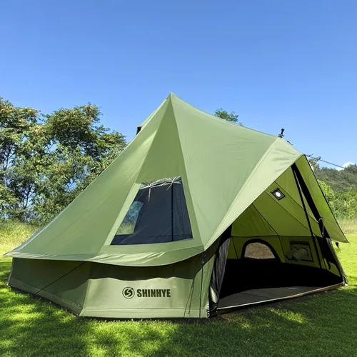Miniatura 13 de Tienda de campaña Bell Yurt con gato de estufa, tienda de campaña de lujo impermeable para 4 estaciones, tela Oxford 420D, tiendas de campaña verde