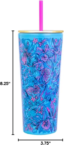 Miniatura 3 de Lilly Pulitzer Vaso de doble pared con tapa y popote reutilizable, vaso de plástico azul, vaso de viaje aislado con capacidad para 24 onzas, Shells